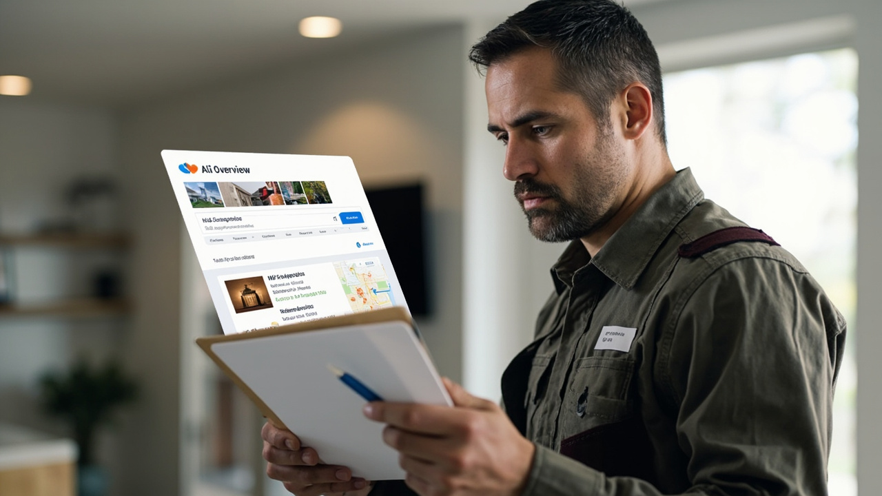 An HVAC contractor reviewing AI search results on a laptop in a modern home setting