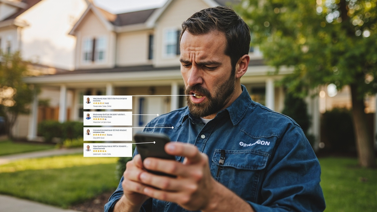 HVAC contractor looking at their smartphone showing suspicious fake 1-star Google reviews with a concerned expression