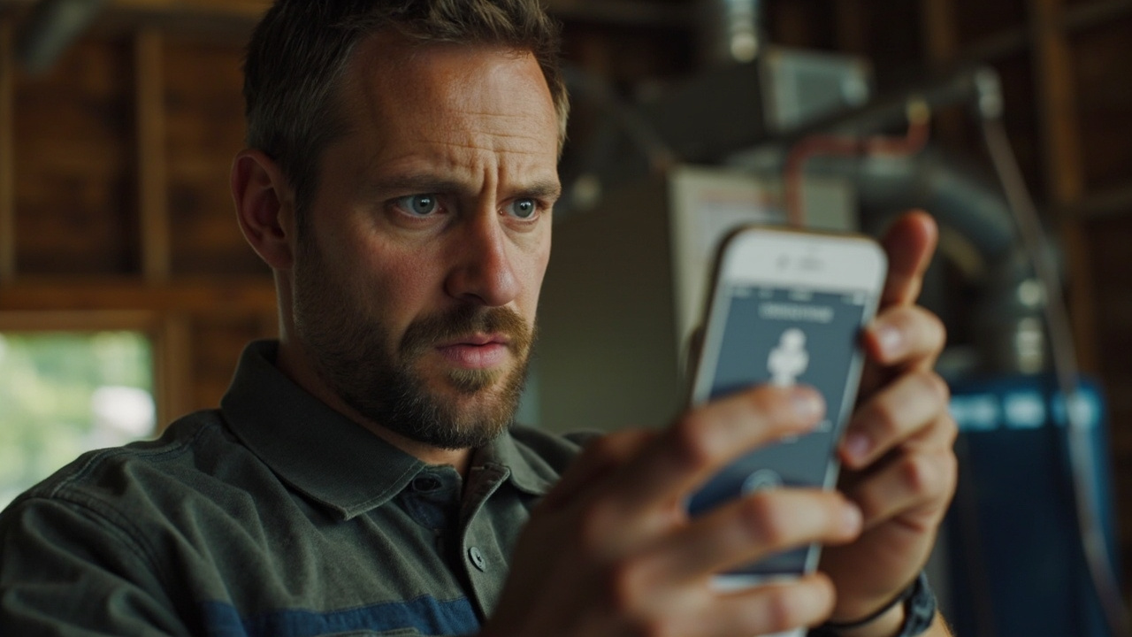 HVAC contractor in work clothes looking at their smartphone with a Google AI caller notification on screen, looking surprised and professionally engaged