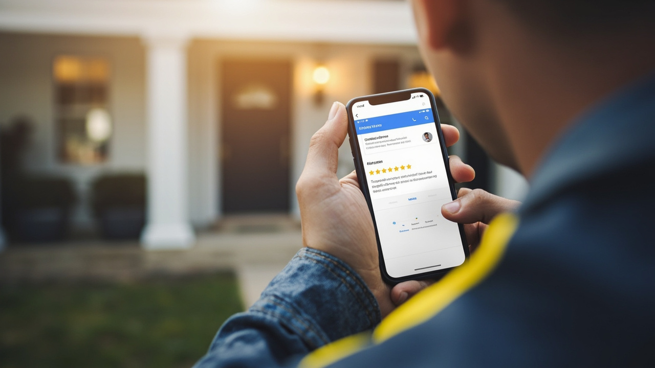 HVAC contractor in work clothes reviewing Google star ratings on a smartphone outside a residential home after a job