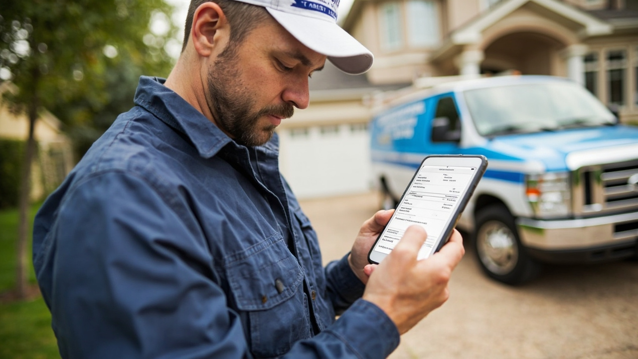 Home service contractor checking invoices on a smartphone with a service van parked outside a residential home