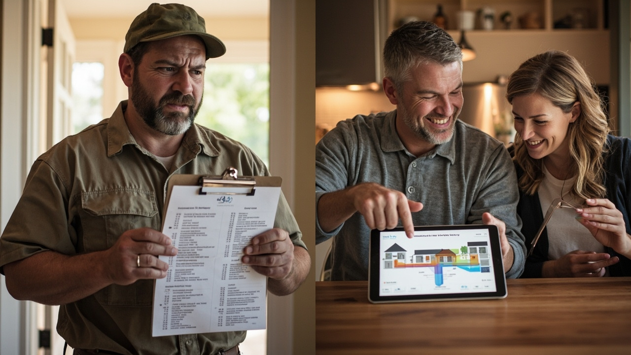 Side-by-side comparison of a contractor with an itemized add-on list versus a contractor having a comfort-focused conversation with a homeowner
