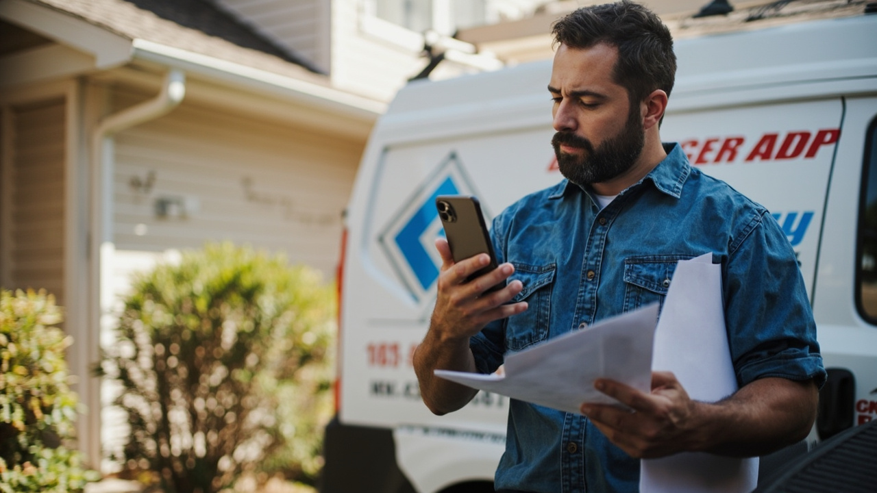 HVAC contractor in work clothes holding an estimate and smartphone, standing next to a service van outside a residential home, looking concerned about a missed customer follow-up