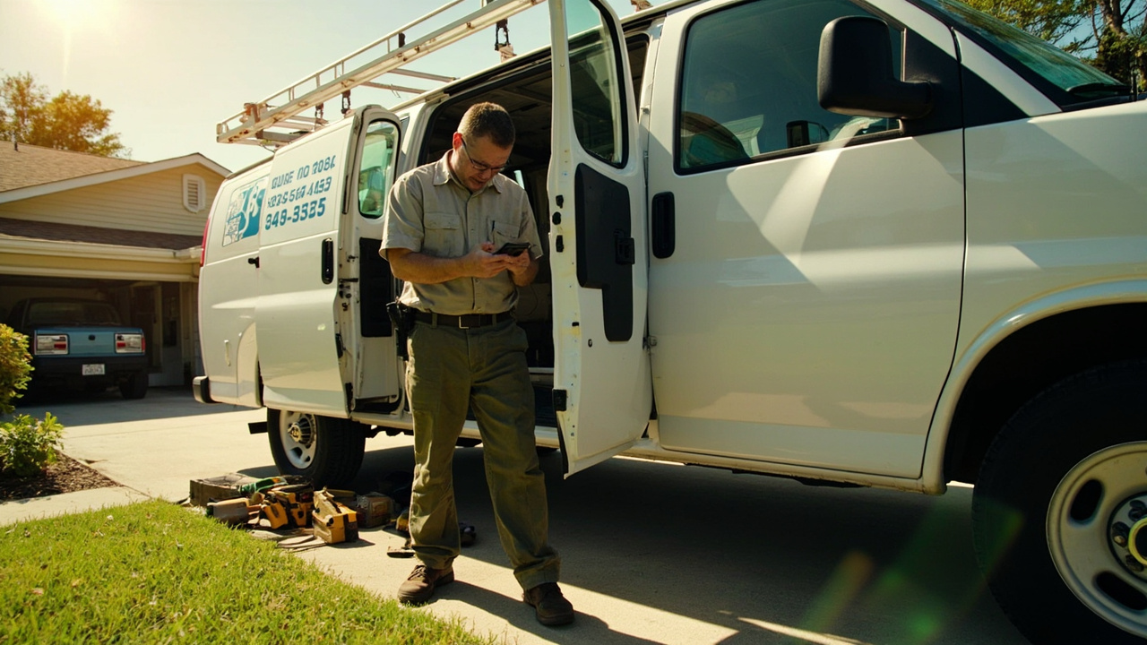 HVAC service van parked in a residential driveway on a hot summer day, door open, tools visible, with an HVAC technician checking their phone looking slightly frustrated