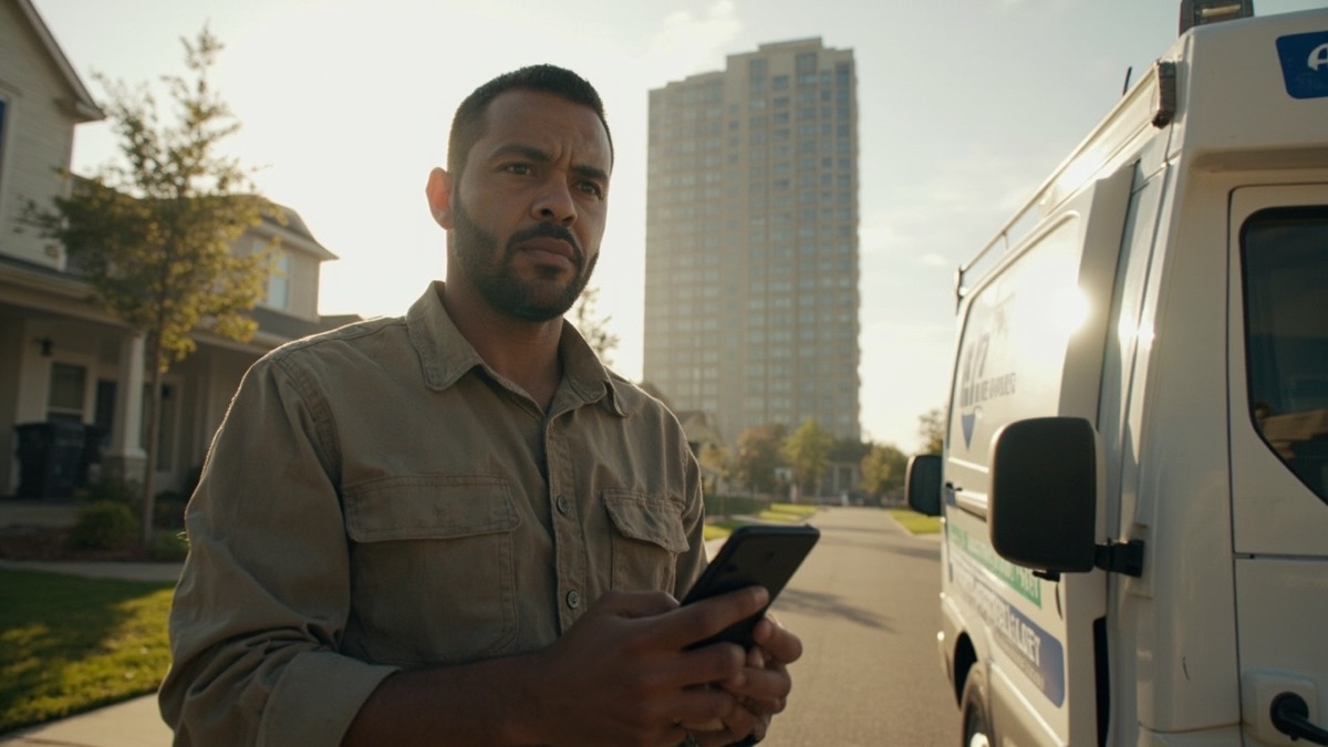 Independent HVAC technician standing next to his service van in a residential neighborhood, dwarfed by a large service van and towering corporate skyscraper in the background, representing the PE-backed competitor threat