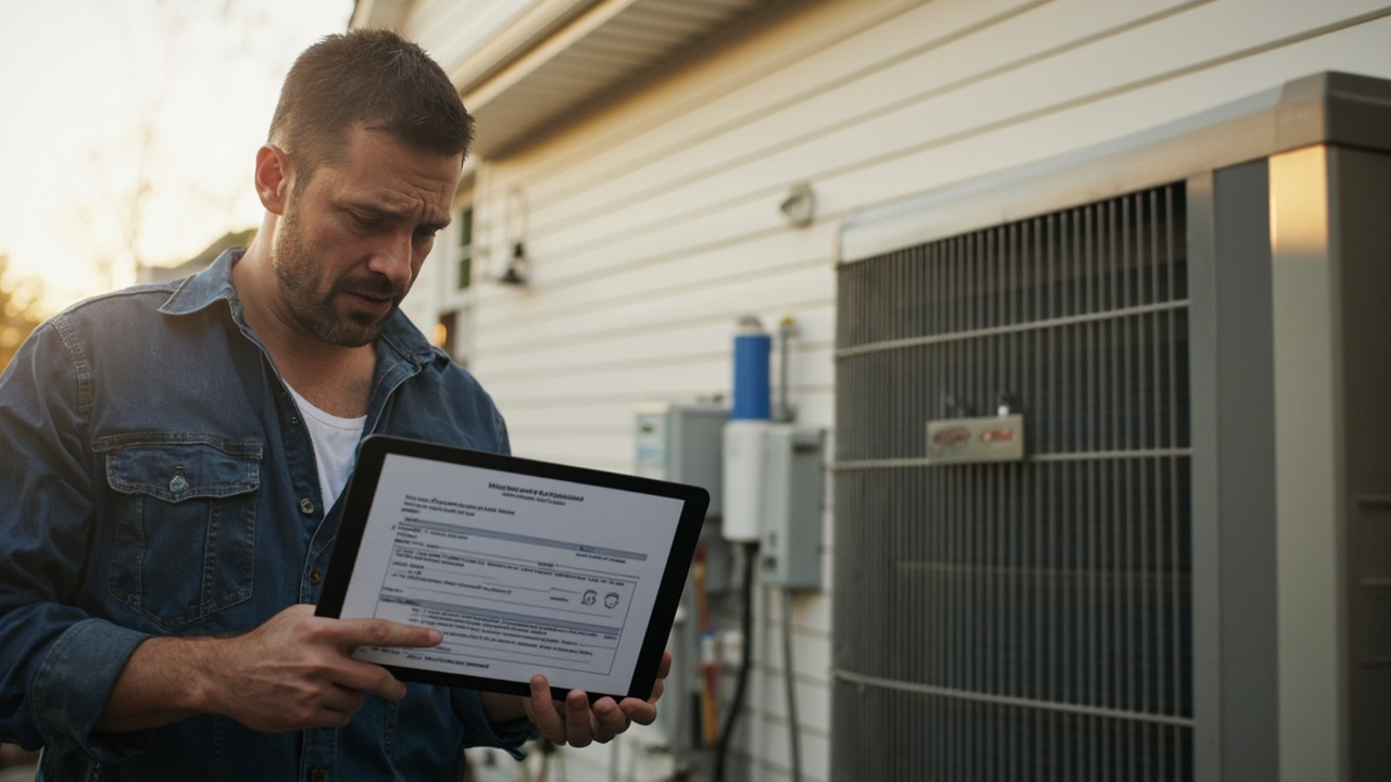 HVAC technician in work clothes reviewing a maintenance agreement on a tablet, looking thoughtful about missed revenue opportunities